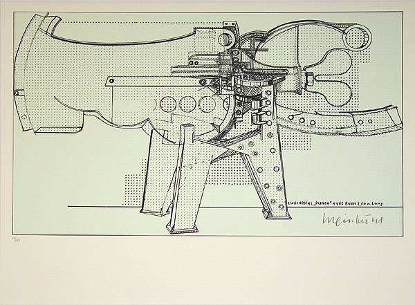 Luginbühl Bernhard Schweiz Eisen (30) (Siebdruck, handsigniert, nummeriert) (Grafik, Skizze, Metall, Entwurf, tierisch, mechanisch, Technik, Büro, Wohnzimmer, Treppenhaus, Original, schwarz/weiß)