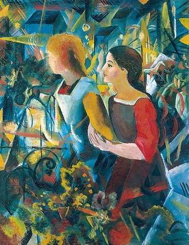 August Macke, Zwei Mädchen. 1913 (Städel Museum,Frankfurt am Main,Macke,August,1887-1914,Lwd.,Macke,August Macke,Expressionismus,Der Blaue Reiter,20. Jahrhundert,zwei,Kind,Kinder,Mädchen,kristallin,Garten,Jugendliche,Heranwachsende)