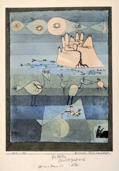 Klee Paul Exotische Flusslandschaft, 1922 (6-8 Farben Faksimilie Druck auf 270g Rives-Bütten) (Malerei, surreale Malerei, Vögel, Fluss, Insel, abstrakte Formen, Klassische Moderne,  Wohnzimmer, Arztpraxis, Büro, blau / bunt)