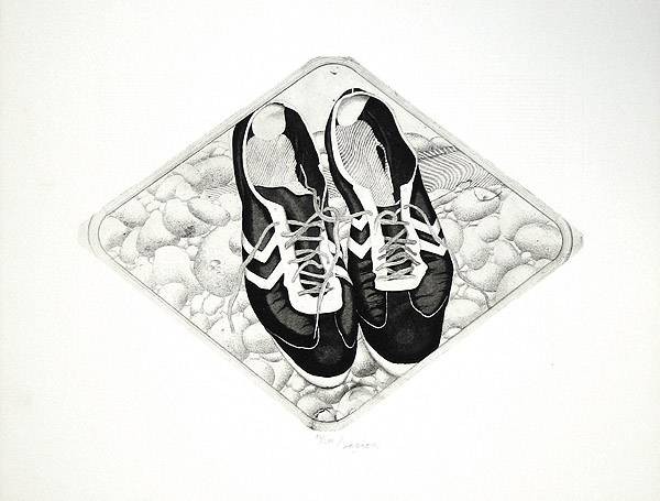 Schweizer Hans Schweiz I like Tennis (30) (Radierung, handsigniert, nummeriert) (Tennisschuhe, Sportschuhe, Fußmatte, Grafik, Original, signiert, Treppenhaus, schwarz/weiß)
