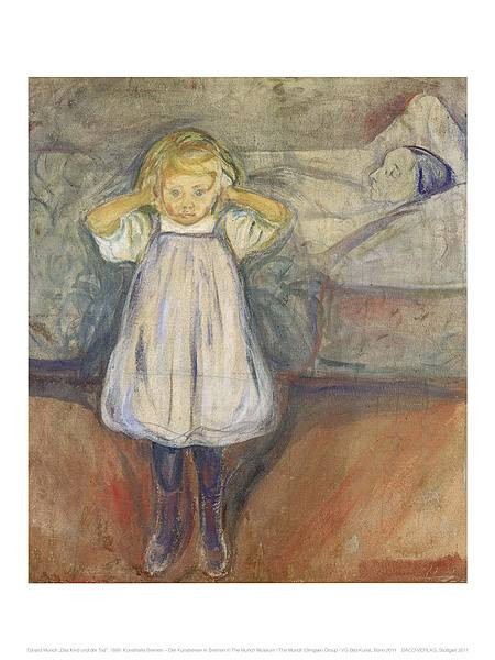 Munch Edvard Das Kind und der Tod, 1899 (4-fbg. frequenzmodulierter Druck) (Kind,  Mädchen, Tod, Sterben, Sterbebett, Trauma, Tote, Drama, Expressionismus, figurativ, Malerei, Wohnzimmer, bunt)