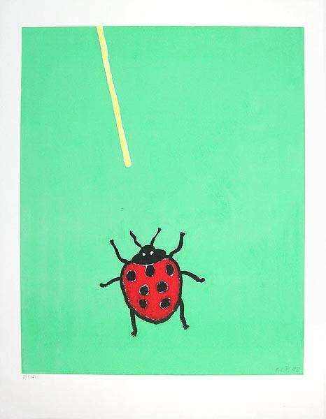 Paeffgen C.O. Marienkäfer auf dem Weg zum Sonnenstrahl  (30) (Farbserigrafie, handsigniert, nummeriert) (Marienkäfer, Insekt, Sonnenstrahl, minimalistisch, naiv, Original, signiert, Grafik, Wohnzimmer, Treppenhaus, bunt)