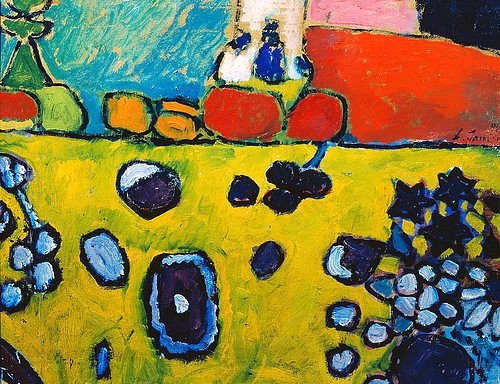 Alexej von Jawlensky, Stillleben mit bunter Tischdecke. 1909. (Jawlensky,Alexej von,Omsk,Staatl. Vrubel-Museum,1864-1941,Alexej von Jawlensky,Russland,russisch,Deutschland,deutsch,19. Jahrhundert,20. Jahrhundert,Expressionismus,expressiv,Grundfarben,bunt,Stillleben,Tischdecke,Tisch,Obst,Früchte,Gefäß,dekorativ,orname)