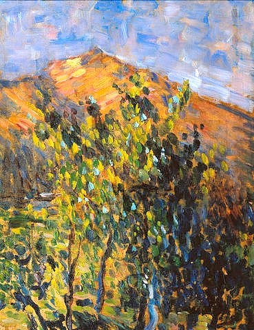Alexej von Jawlensky, Berg. 1905. (Jawlensky,Alexej von,Omsk,Staatl. Vrubel-Museum,1864-1941,Alexej von Jawlensky,Russland,russisch,Deutschland,deutsch,19. Jahrhundert,20. Jahrhundert,Blauer Reiter,Expressionismus,expressiv,impressionistisch,Landschaft,Berg,Baum,Bäume,Aussicht,Natur,Panora)