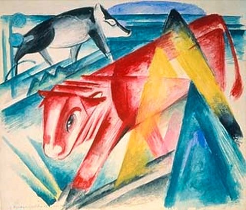 Franz Marc, Rote Kuh und Schwein. 1913. (Marc,Franz,Moskau,Puschkin-Museum,1880-1916,Franz Marc,Deutschland,deutsch,20. Jahrhundert,Expressionismus,expressiv,romantisch,Rot,Kuh,Schwein,Tiere,Tier,Landschaft,bunt,abstrakt,Grün,Blauer Reiter,Farbe,kristallin,Natur,Philosophie,Fabel,Reinheit,spirit)