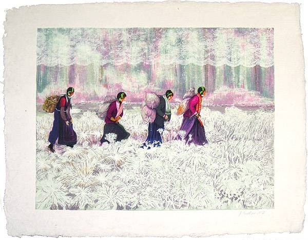 Kudor Csilla Mädchen durch Feld, 2007 (30) (Radierung, handsigniert) (Frauen, Mädchen, Feldarbeiterinnen, Lasten,  Asien, Original, Radierung, signiert, Wohnzimmer, Treppenhaus, bunt)