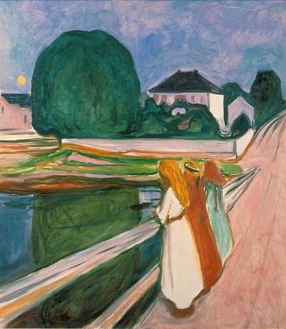 Edvard Munch, Weisse Nacht (Asgaardstrand). 1903. (Mädchen, Brücke, Landschaft,  Klassiker, Expressionismus, Wohnzimmer, Treppenhaus, Wunschgröße, Malerei, bunt)