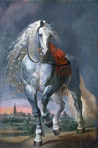 Flämisch, Trabender Schimmel in einer Flachlandschaft vor einer Stadt. (Städel Museum,Frankfurt am Main,Flämisch,(Nachfolge Rubens oder Van Dyck),Peter Paul Rubens,16. Jahrhundert,17. Jahrhundert,Barock,Flamen,flämisch,Holland,holländisch,Niederlande,niederländisch,Schimmel,Landschaft,Landschaftsmalerei,Genre,Genremalerei,Tie)