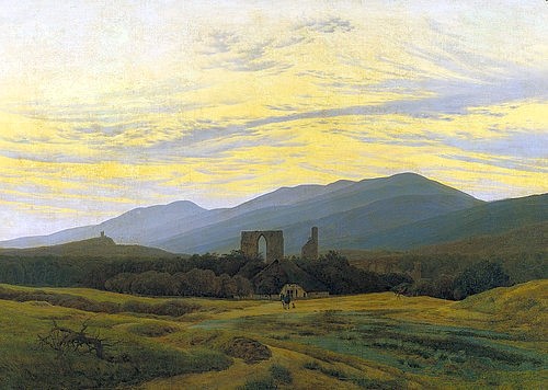 Caspar David Friedrich, Die Ruine Eldena im Riesengebirge. 1830/1834 (Friedrich,Caspar David,1774-1840,Greifswald,Städtisches Museum,Ruine,Polen,Abend,Friedrich,19. Jahrhundert,romantik,Caspar David Friedrich,Riesengebirge,Ruine Eldena,Sonnenuntergang,Impression)