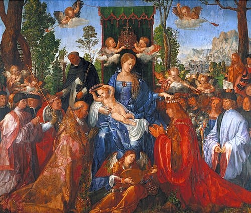 Albrecht Dürer, Das Rosenkranzfest. 1506 (Prag,National (Narodni) Galerie,Dürer,Albrecht,1471-1528,Pappelholz,Maximilian I,Dürer,16. Jahrhundert,Madonna,Renaissance,Maria,Jesuskind,Christuskind,Jesus Christus,Putti,Putten,Engelchen,Thron,thronen,Papst,knieen,Krone,Girlanden,Kränze,Rosenkranz,Huld)