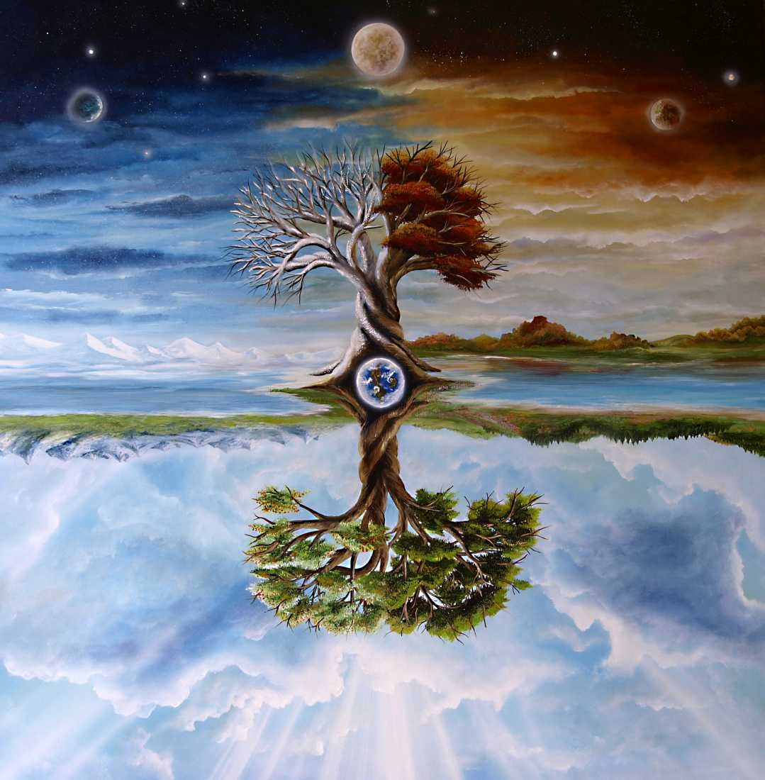 Conny Krakowski, Der Jahreszeitenbaum (Surrealismus, Traum, Magie, Esoterik, Baum, Traumbaum,Lebensbaum,Geburt,Leben,Sterben,Wege, Lebensweg, Phantasie,Fantasie,Realismus,Malerei,Gemläde,detaiiert,Traumbild,Traumlandschaft,Landschaftsmalerei,Träumerei,Wasserfall,Berge,Wolken,)