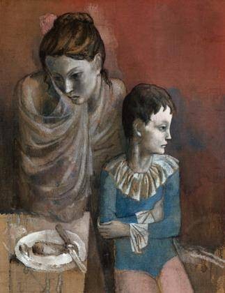 Picasso Pablo Mutter mit Kind (Gaukler), 1905 (Frequenzmoduliertes Druckverfahren) (Klassische Moderne, Malerei, Rosa Periode, Frau, Kind, Zirkus, Tristesse, Melancholie, Schlafzimmer, blau / grau)