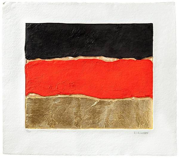 Schwarzer Bernd Deutschland Gold (Aquagravure, handsigniert, nummeriert) (Flagge, abstahiert, Pinselspuren, Farbverlauf, Original, signiert, Grafik, Treppenhaus, Wohnzimmer)