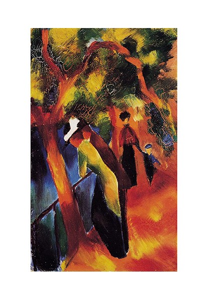 August Macke, Sonniger Weg (Offset) (Malerei, Expressionismus, Park, Spaziergang, Spaziergänger, Bäume, Unterhaltung, Gespräch, Freizeit, Wohnzimmer, Treppenhaus, Arztpraxis, Wintergarten, Klassische Moderne, bunt)