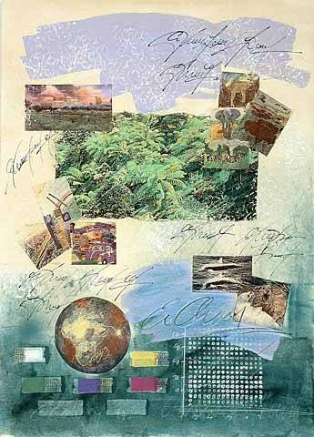 Hewitt Annabel Ecology (Monotypie, handsigniert) (Natur, Palmen, Bäume, Leben, Ökologie, abstrahiert, modern, Collage, evokativ, Grafik, Wohnzimmer, Büro, Original, bunt)