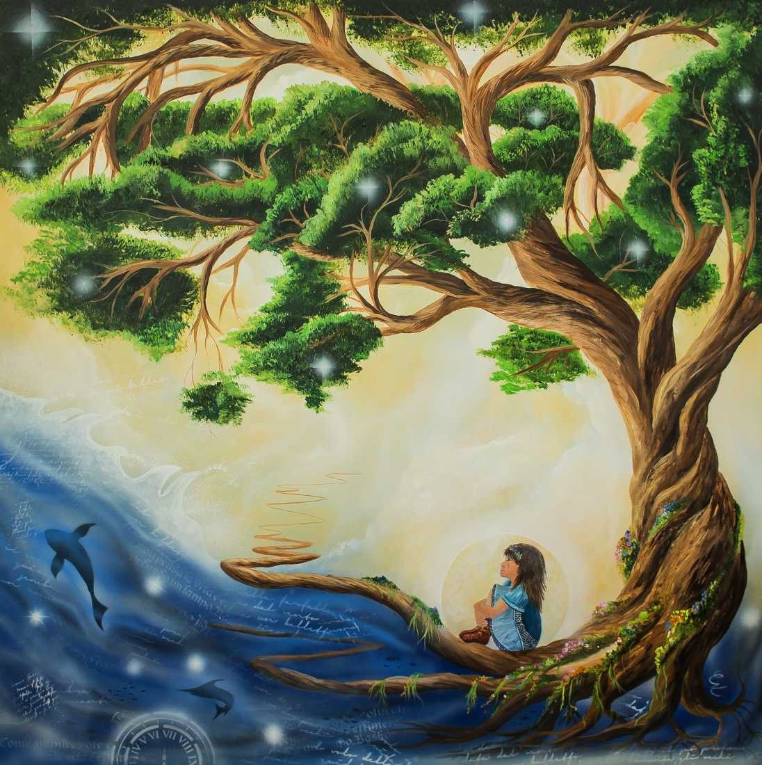 Conny Krakowski, Kindermomente (Surrealismus, Traum, Magie, Esoterik, Baum, Traumbaum,Lebensbaum,Geburt,Leben,Sterben,Wege, Lebensweg, Phantasie,Fantasie,Realismus,Malerei,Gemläde,detaiiert,Traumbild,Traumlandschaft,Landschaftsmalerei,Träumerei,Wasserfall,Berge,Wolken,)