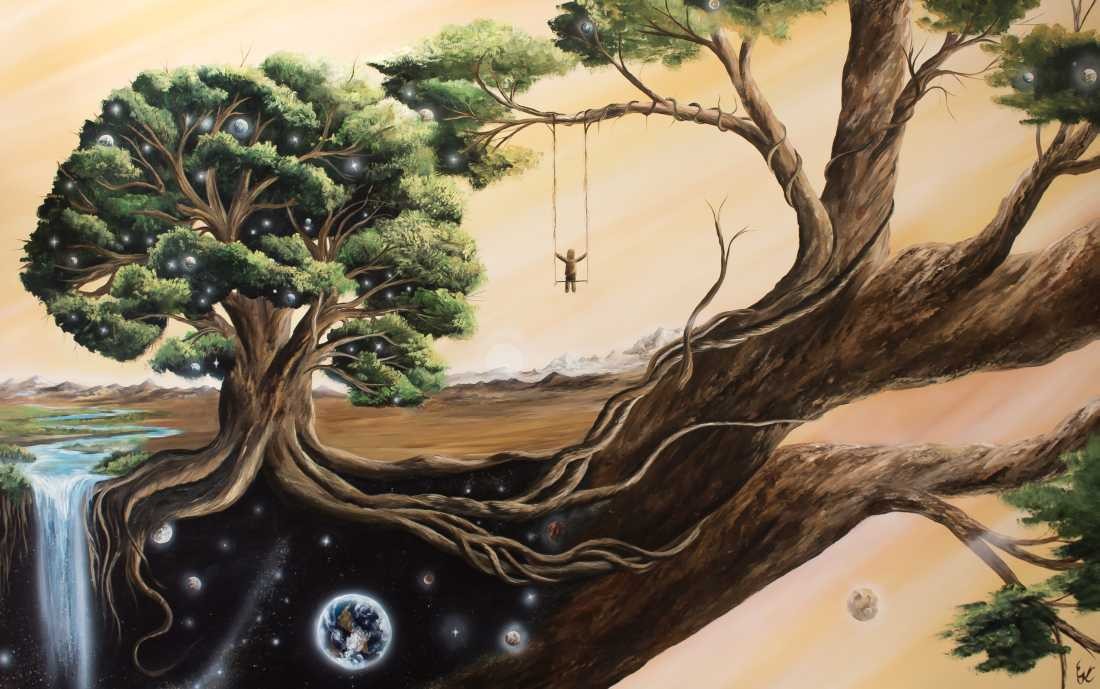 Conny Krakowski, Kindheitstraum (Surrealismus, Traum, Magie, Esoterik, Baum, Traumbaum,Lebensbaum,Geburt,Leben,Sterben,Wege, Lebensweg, Phantasie,Fantasie,Realismus,Malerei,Gemläde,detaiiert,Traumbild,Traumlandschaft,Landschaftsmalerei,Träumerei,Wasserfall,Berge,Wolken,)