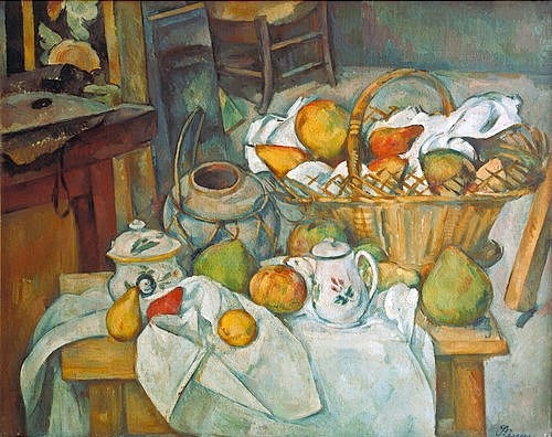 Paul Cézanne, Stilleben mit Obstkorb. 1888/90 (Cézanne,Paul,1839-1906,Paris,Musée d'Orsay,Öl auf Leinwand,Cézanne, Paul Cézanne,19. Jahrhundert,Post-Impressionismus,Postimpressionismus,Stillleben,Obst,Geschirr,Kaffeekanne,Korb,Einkaufskorb,Dose,BirneTischdecke,Tischtuch,Porzellandose,arrangiert,Arrang)