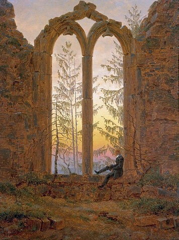 Caspar David Friedrich, Träumender Mann in Kirchenruine. (Ruine, Gemäuer, Verfall, Kirsche, Fenster, Mann, Träumer, Einsamkeit, nachdenklich, kontemplativ,  Klassiker, Wohnzimmer, Treppenhaus, Malerei, Romantik, Wunschgröße, bunt)