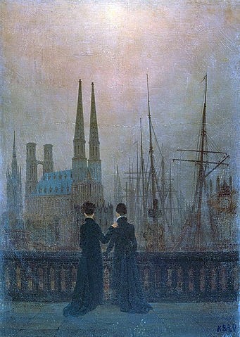 Caspar David Friedrich, Abendlicher Hafen (die Geschwister). 1818/1820. (Schwestern, Betrachtung, Architektur, Hafen, Schiffe, Kirche, Kathedrale, Architektur, Abendstimmung, Klassiker, Wohnzimmer, Treppenhaus, Malerei, Romantik, Wunschgröße, bunt)