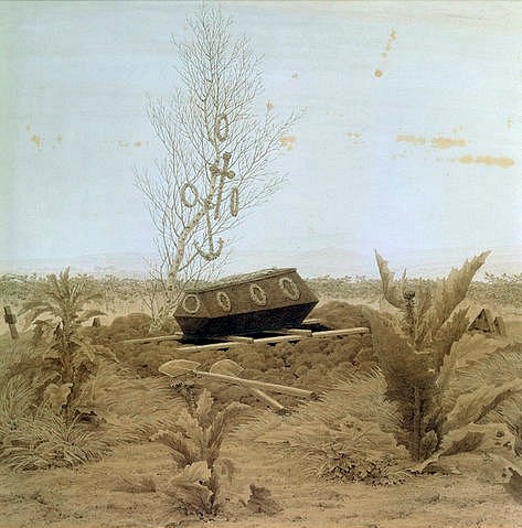 Caspar David Friedrich, Sarg auf einem frischen Grab. Um 1836 (Friedhof, Sarg, Beerdigung, Schaufel, Grab, Tod, Kränze, Kranz, Distel, Spaten, mystisch,  Klassiker, Wohnzimmer, Treppenhaus,  Romantik, Wunschgröße, grau)