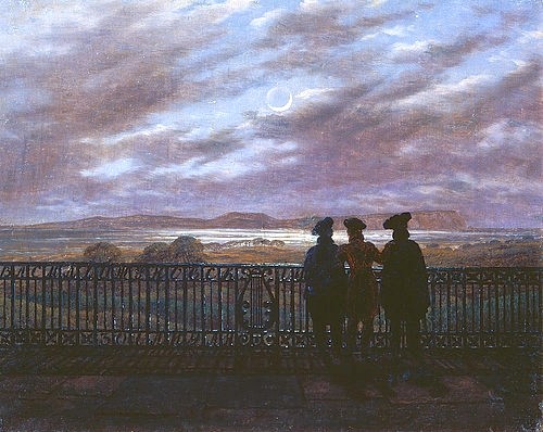 Caspar David Friedrich, Die Dichter Schukowski, S.I. Turgenjew und A.I. Turgenjew. Ende 1820-er Jahre (Dichter, Schukowski,S.I., Turgenjew,A.I., Turgenjew, Männer,  Dämmerung, Mond, Abend, Geländer, Freunde, Gespräch, Landschaft,  Klassiker, Wohnzimmer, Treppenhaus, Malerei, Romantik, Wunschgröße, bunt)