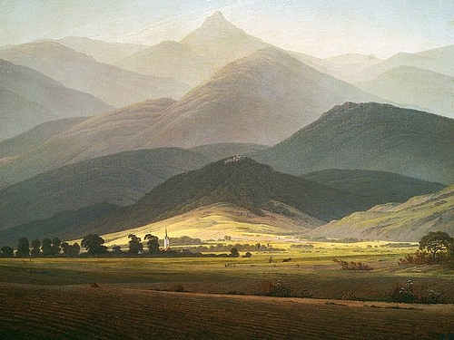 Caspar David Friedrich, Berglandschaft. Die Kleine Sturmhaube von Warmbrunn gesehen. (Berge, Gebirge, Landschaft, Landschaftsmalerei, Bergspitze, Hügel, Dunst, diesig,  Klassiker, Wohnzimmer, Treppenhaus, Malerei, Romantik, Wunschgröße, bunt)