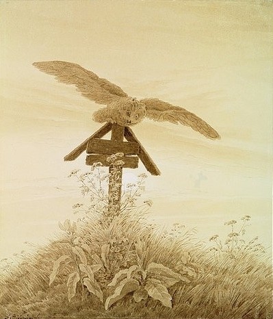 Caspar David Friedrich, Eule auf Grabkreuz. 1836/1837. (Eule, Vogel, Grabkreuz, Grabhügel, mystisch,  Klassiker, Wohnzimmer, Treppenhaus, Malerei, Romantik, Wunschgröße, grau/weiß)
