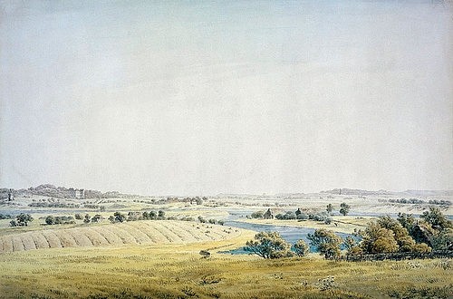 Caspar David Friedrich, Tal oberhalb von Putbus (Rügen). 1824/1825. (Landschaft, Landschaftsmalerei, Tal, Putbus, Rügen, Panorama, Horizont, Klassiker, Wohnzimmer, Treppenhaus, Malerei, Romantik, Wunschgröße, bunt)