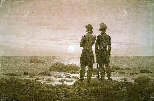 Caspar David Friedrich, Zwei Männer am Strand. (Meer, Natur, Strand, Spaziergänger, Männer, Sonnenuntergang, Meeresbrise,  Klassiker, Wohnzimmer, Treppenhaus, Malerei, Romantik, Wunschgröße, bunt)
