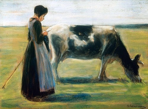 Max Liebermann, Bauernmädchen mit Kuh (Moskau,Puschkin-Museum,Liebermann,Max,1847-1935,Max Liebermann,Kuh,Mädchen,Bauernmädchen,Kuhhirtin,Wiese,Weide,20. Jahrhundert,19. Jahrhundert)