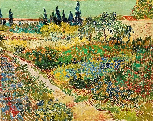 Vincent van Gogh, Blühender Garten mit Pfad. Arles 1888 (Garten, Blumen, Somme, Blüten, mediterran, Klassische Moderne, Impressionismus, Wohnzimmer, Treppenhaus, Wunschgröße, bunt)