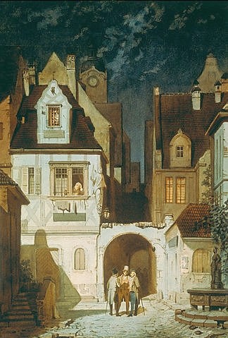 Carl Spitzweg, Stadtwinkel bei Mondschein. (Spitzweg,Carl,1808-1885,Moskau,Puschkin-Museum,Aquarell/Papier,Spitzweg,Carl Spitzweg,Biedermeier,Mondschein,Stadt,Kleinstadt,Gasse,Haus,Architektur,Gespräch,19. Jahrhundert,sich unterhalten,Unterhaltung,Deutschland,Marktplatz,Abend,dunkel,Bürgerhaus,Bürg)