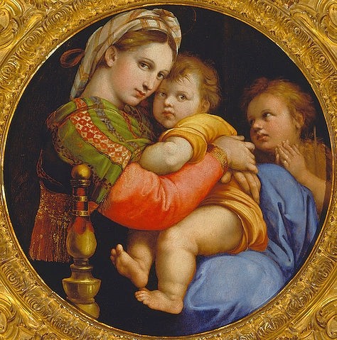 Raffael (Raffaello Sanzio), Die Madonna della sedia. Um 1514 (Raffael (Raffaello Sanzio),1483-1520,Florenz,Galleria Pitti,Raffael,Madonna della sedia,16. Jahrhundert,Maria,Kind,Raffaello Sanzio,rund,Johannesknabe,Johannes)