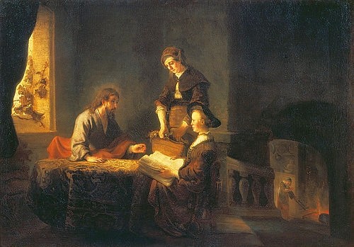 Rembrandt van Rijn (Werkstatt), Christus bei Maria und Martha (Rembrandt van Rijn (Werkstatt),Moskau,Puschkin-Museum,Rembrandt van Rijn,Christus,Maria,Martha,Bibel,Besuch,Besucher,Jesus)