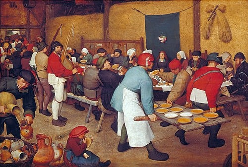 Pieter BRUEGHEL DER ÄLTERE, Bauernhochzeit. Um 1568 (Brueghel d.Ä.,Pieter,1525/30-1569,Wien,Kunsthistorisches Museum,Eichenholz,Brueghel,Brueghel d.Ä.,Brueghel der Ältere,Pieter Brueghel,Pieter Brueghel der Ältere,Bauernbrueghel,16. Jahrhundert,Hochzeit,Bauernhochzeit,Fest,Bauern,Landleben,Essen,Musik,Trink)