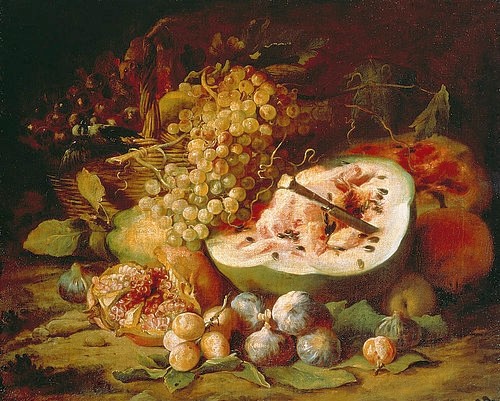 Abraham Brueghel, Früchtestillleben. 1670er Jahre (Öl auf Leinwand,Barock,Stillleben,17. Jahrhundert,1631-1697,Brueghel,Abraham,St. Petersburg,Eremitage,Abraham Brueghel,Stillleben,Obst,Früchte,Trauben,Weintrauben,Feigen,Melone,17. Jahrhundert,Messer,aufgeschnitten,Granatapfel,Melonenkerne)