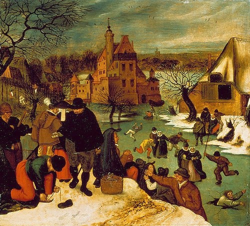 Pieter BRUEGHEL DER Jüngere, Winterszene mit Menschen auf einer Eisfläche. 1600/1605 (um 1564-1638,Brueghel d.J.,Pieter,Moskau,Puschkin-Museum,Pieter Brueghel d.J.,Winter,17.Jahrhundert,Eislaufen,Eisläufer,Schnee,Freizeit,Schlittschuh)