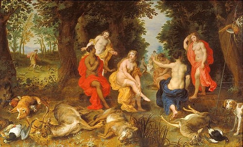 JAN BRUEGHEL DER ÄLTERE, Die Rast der Diana. (Mythologie, Diana, Göttin der Jagd, Gefährtinnen, Rast, Jagdbeute, Reh, Wolf, Fuchs, Barock,  Klassiker, Malerei, Wunschgröße, Wohnzimmer, bunt)