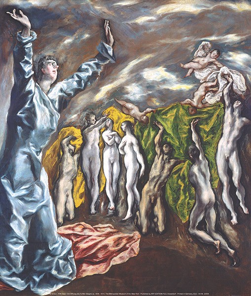 El Greco, Öffnung des fünften Siegels (Offenbarung des Johannes, Johannes,Seelen der Märtyrer, Tücher, fünftes Siegel, Bibel,  Klassiker, Manierismus, Malerei, Wohnzimmer, Schlafzimmer, bunt)