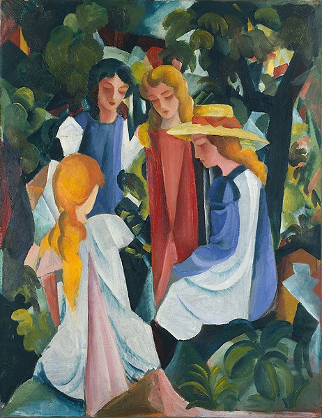 August Macke, Vier Mädchen, 1912/1913 (Digitaldruck) (Malerei, Expressionismus, Park, Mädchen, Unterhaltung, Gespräch, Freizeit, Wohnzimmer, Treppenhaus, Arztpraxis, Klassische Moderne, bunt)