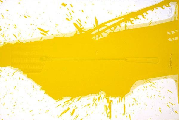 Sander Martin Sommer, 2008 (30) (Öl auf Prägedruck auf Bütten, handsigniert, numm.) (Abstrakt, Farbspritzer, Farbfläche, Grafik, Malerei, modern, abstrakte Moderne, Original signiert, Wohnzimmer, Büro, Business, gelb/weiß)