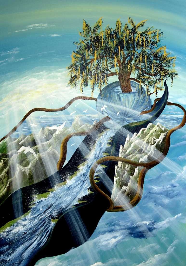 Conny Krakowski, Lebensfluss (Surrealismus, Traum, Magie, Esoterik, Baum, Traumbaum,Lebensbaum,Geburt,Leben,Sterben,Wege, Lebensweg, Phantasie,Fantasie,Realismus,Malerei,Gemläde,detaiiert,Traumbild,Traumlandschaft,Landschaftsmalerei,Träumerei,Wasserfall,Berge,Wolken,)