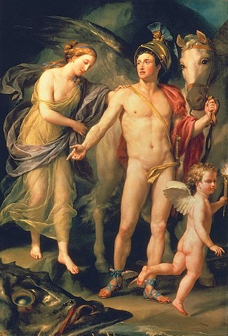 Anton Raphael Mengs, Perseus und Andromeda. 1777 (St. Petersburg,Eremitage,Mengs,Anton Raphael,1728-1779,Anton Raphael Mengs,Perseus,Andromeda,18. Jahrhundert,Pferd,Helm,Mann,nackt,Akt,Engel,Putte,Paar,Mythologie,Fischkopf)