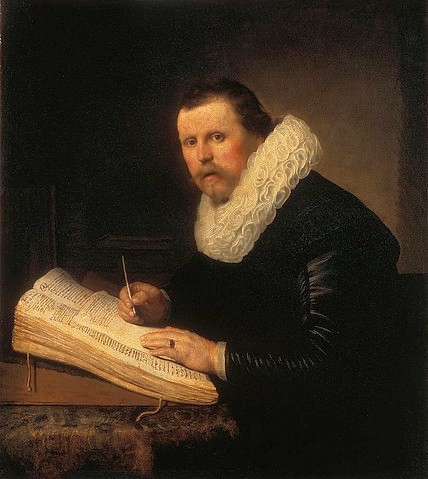 Rembrandt van Rijn, Bildnis eines Gelehrten. 1631 (Rembrandt van Rijn,1606-1669,St. Petersburg,Eremitage,Rembrandt van Rijn,17. Jahrhundert,Barock,Holland,holländisch,Niederlande,niederländisch,holländischer Barock,Bildnis,Porträt,Mann,Gelehrter,Kragen,Buch,Tisch,Spitze,Ring,Stift,Schreibfeder,Schwarz,Hal)