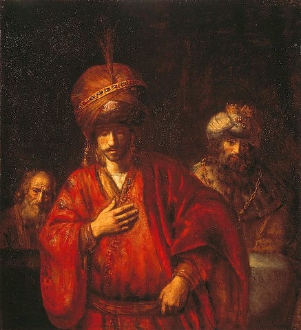 Rembrandt van Rijn, Haman erahnt sein Schicksal (David und Uriah). 1665 (Rembrandt van Rijn,1606-1669,St. Petersburg,Eremitage,Rembrandt van Rijn,17. Jahrhundert,David,Uriah,Bibel)