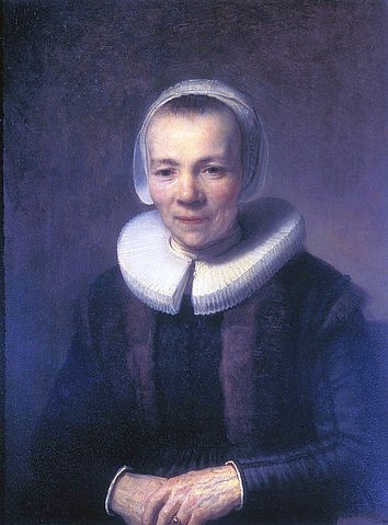 Rembrandt van Rijn, Bildnis von Baartje Martens Doomer. 1640 (Rembrandt van Rijn,St. Petersburg,Eremitage,1606-1669,Rembrandt van Rijn,Barock,17. Jahrhundert,Holland,holländisch,Niederlande,niederländisch,holländischer Barock,Bildnis,Porträt,Frau,Frau, alt,Baartje Martens Doomer,Spitze,Kragen,Hände,Weste,Pelz,hohe S)