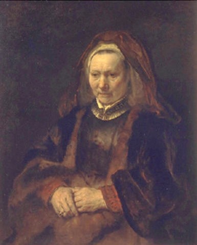 Rembrandt van Rijn, Bildnis einer älteren Frau. 1650-1652 (Rembrandt van Rijn,1606-1669,Moskau,Puschkin-Museum,Rembrandt van Rijn,Barock,17. Jahrhundert,Holland,holländisch,Niederlande,niederländisch,holländischer Barock,Bildnis,Porträt,Frau,Frau, alt,Hände,Ring,Schleier,Pelz,1650-1652)