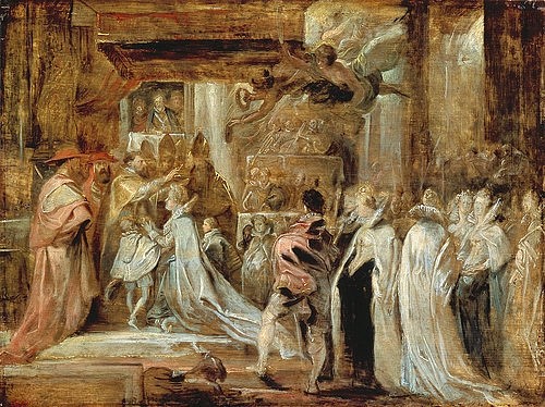 Peter Paul Rubens, Die Krönung der Königin Maria de Medici in Paris 1610. 1622/1625 (Krönung, Königin, Maria de Medici, Paris, Historienbild, Gesellschaft, Barock, Klassiker, Malerei,  Treppenhaus, Wohnzimmer, Wunschgröße, bunt)
