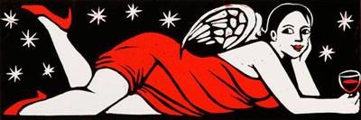 Klein Anita Engel feiern  (30) (Lithographie, handsigniert, num.) (Engel, liegender Engel, selbstbewusst, lässig, üppig, Rundungen, Sternenhimmel, Rotwein, Modern, Original, signiert, Grafik, Wohnzimmer, Schlafzimmer, bunt)